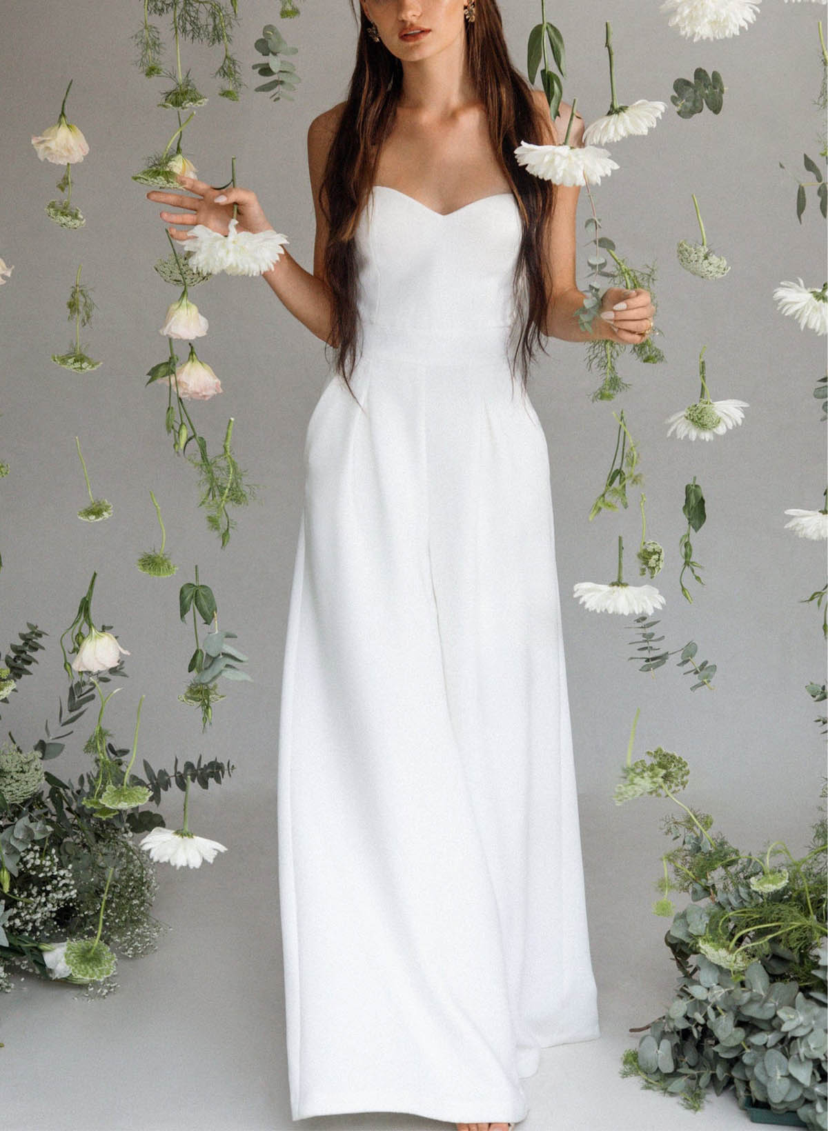 Jumpsuit/Pantsuit Strapless/Sweetheart Floor-Length Elastic Satin Wedding Dresses With Pockets
