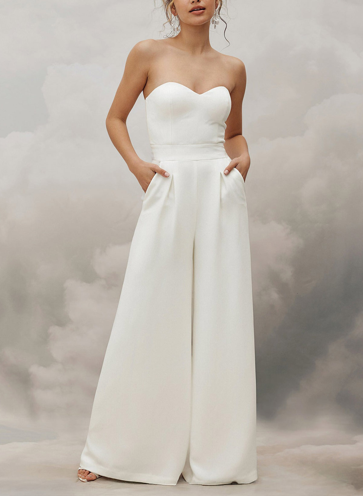 Jumpsuit/Pantsuit Strapless/Sweetheart Floor-Length Elastic Satin Wedding Dresses With Pockets
