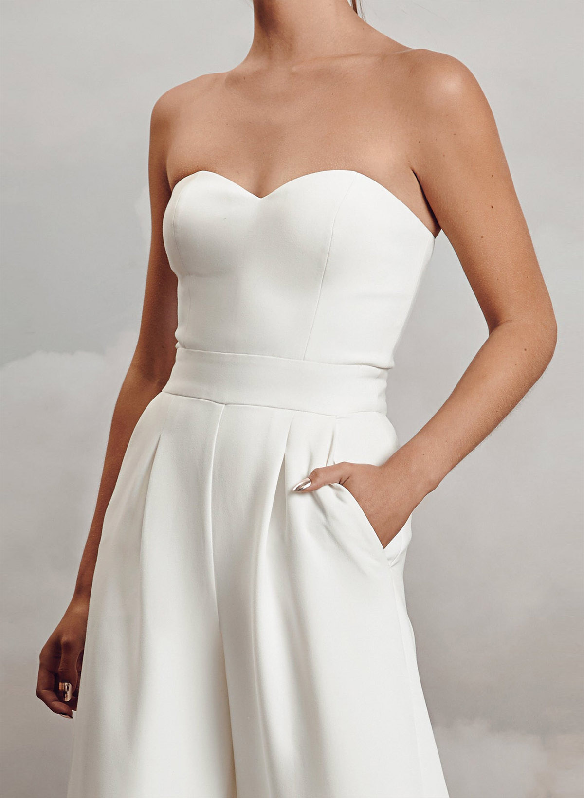 Jumpsuit/Pantsuit Strapless/Sweetheart Floor-Length Elastic Satin Wedding Dresses With Pockets