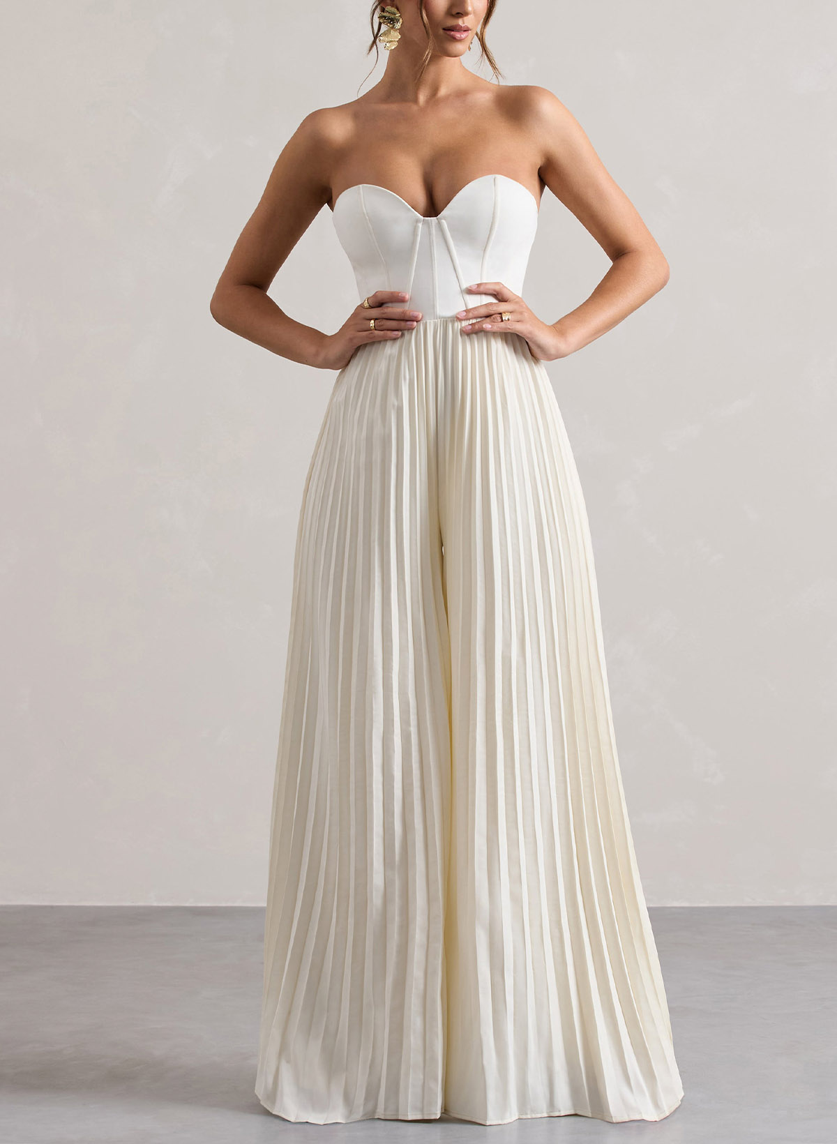 Jumpsuit/Pantsuit Strapless Floor-Length Elastic Satin Wedding Dresses With Pleated