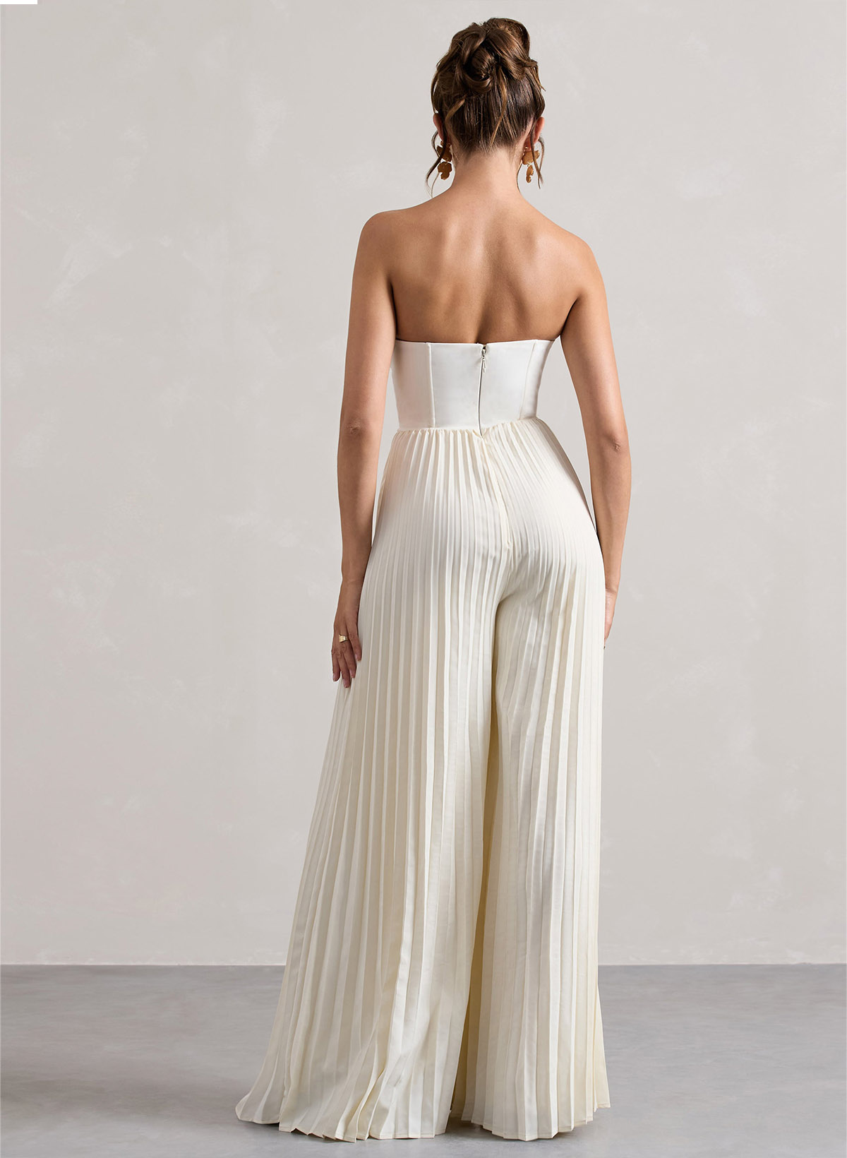 Jumpsuit/Pantsuit Strapless Floor-Length Elastic Satin Wedding Dresses With Pleated