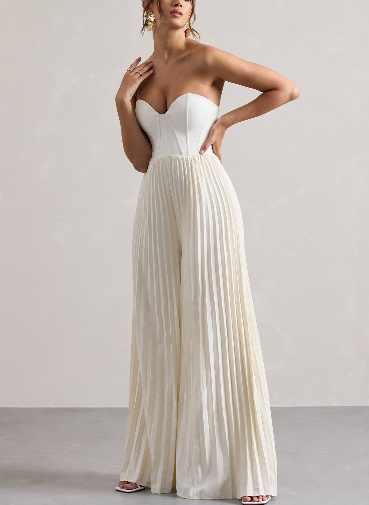 Jumpsuit/Pantsuit Strapless Floor-Length Elastic Satin Wedding Dresses With Pleated