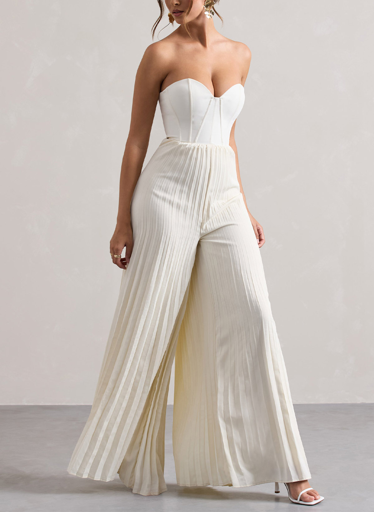 Jumpsuit/Pantsuit Strapless Floor-Length Elastic Satin Wedding Dresses With Pleated