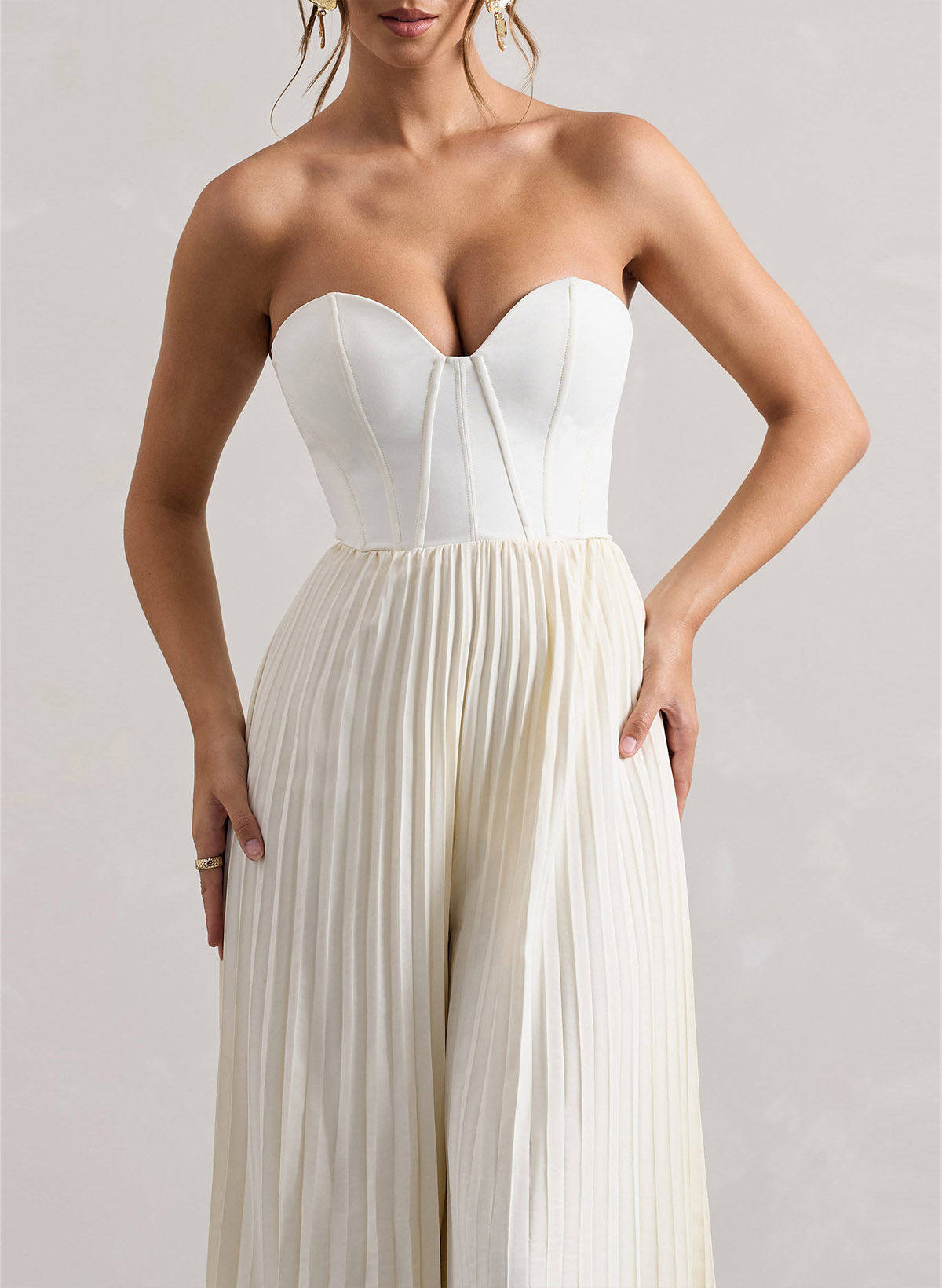 Jumpsuit/Pantsuit Strapless Floor-Length Elastic Satin Wedding Dresses With Pleated