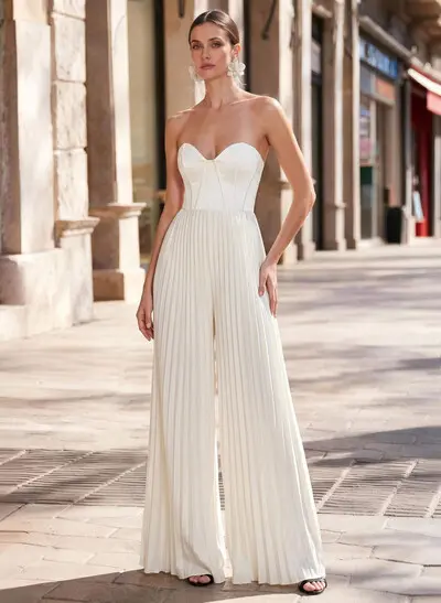 Jumpsuit/Pantsuit Strapless Floor-Length Elastic Satin Wedding Dresses With Pleated