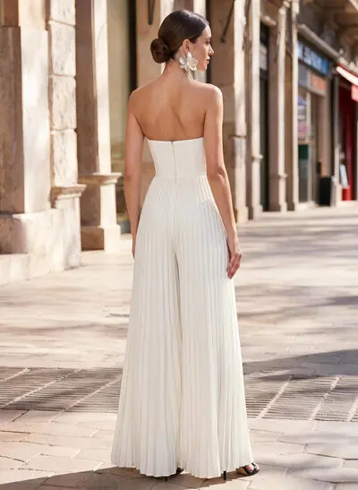 Jumpsuit/Pantsuit Strapless Floor-Length Elastic Satin Wedding Dresses With Pleated