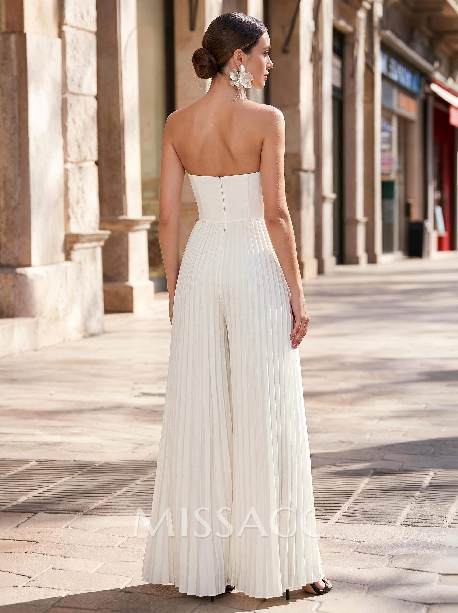 Jumpsuit/Pantsuit Strapless Floor-Length Elastic Satin Wedding Dresses With Pleated