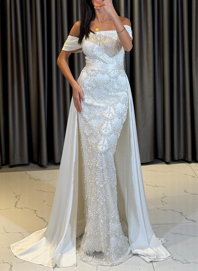 Trumpet/Mermaid Off-The-Shoulder Sleeveless Sweep Train Lace/Charmeuse Wedding Dresses With Beading