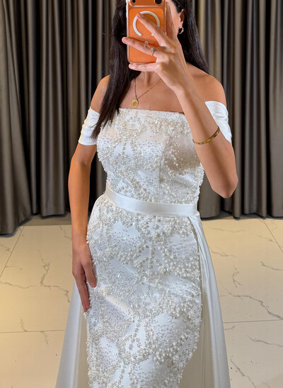 Trumpet/Mermaid Off-The-Shoulder Sleeveless Sweep Train Lace/Charmeuse Wedding Dresses With Beading