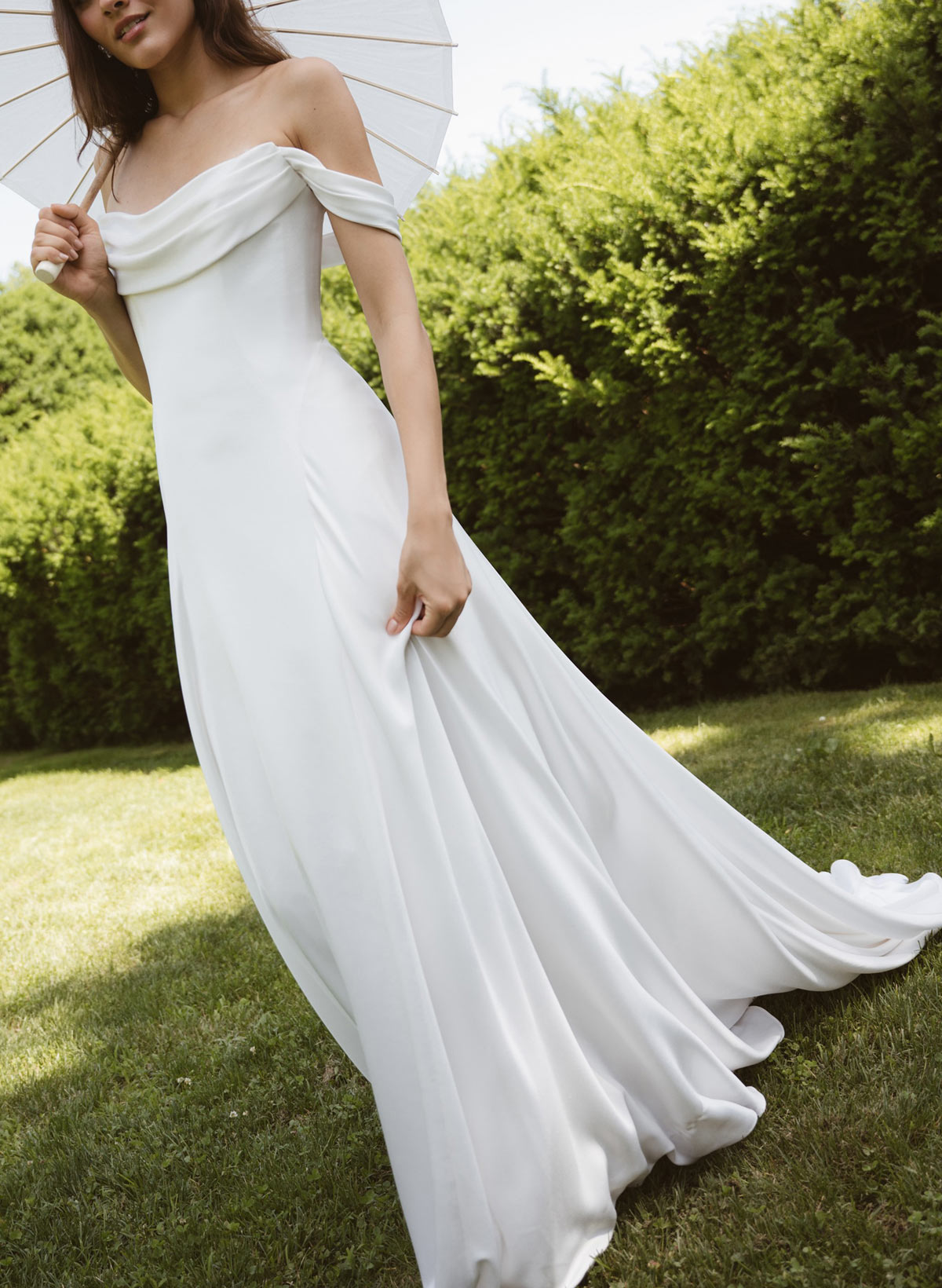 A-Line Cowl Neck Sleeveless Chapel Train Elastic Satin Bride Wedding Dress