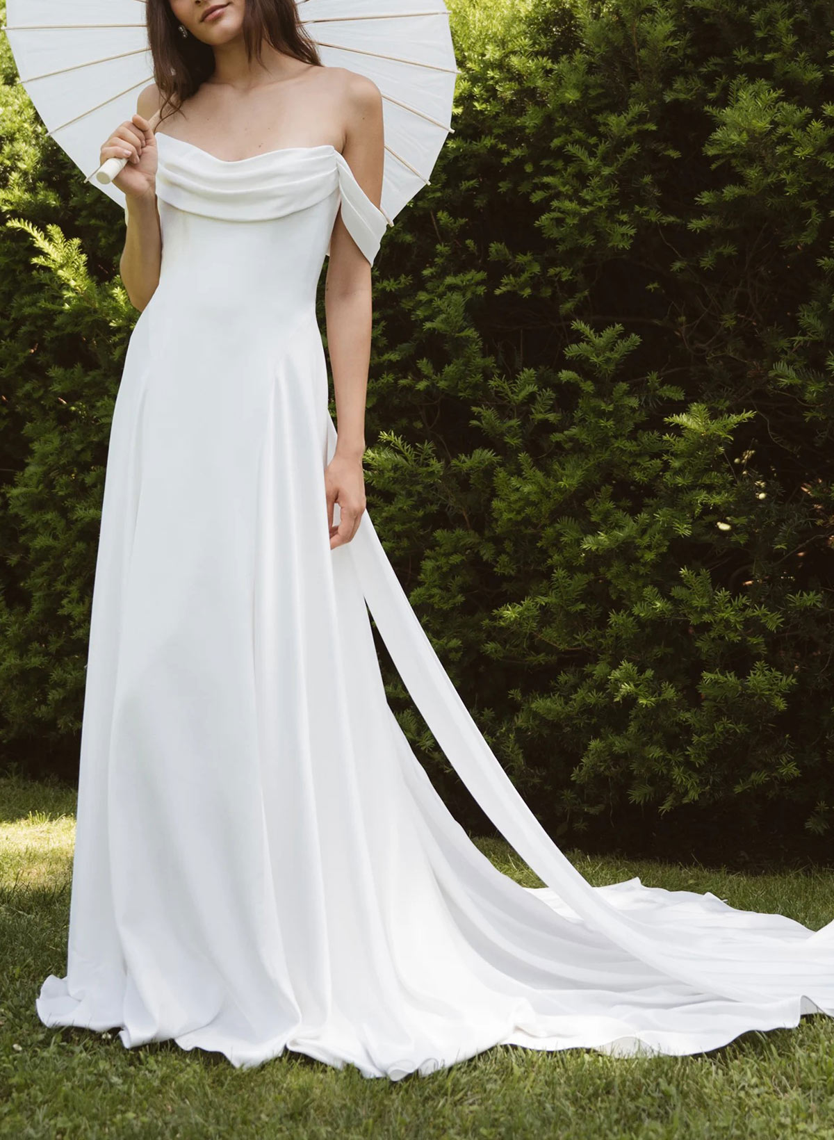 A-Line Cowl Neck Sleeveless Chapel Train Elastic Satin Bride Wedding Dress