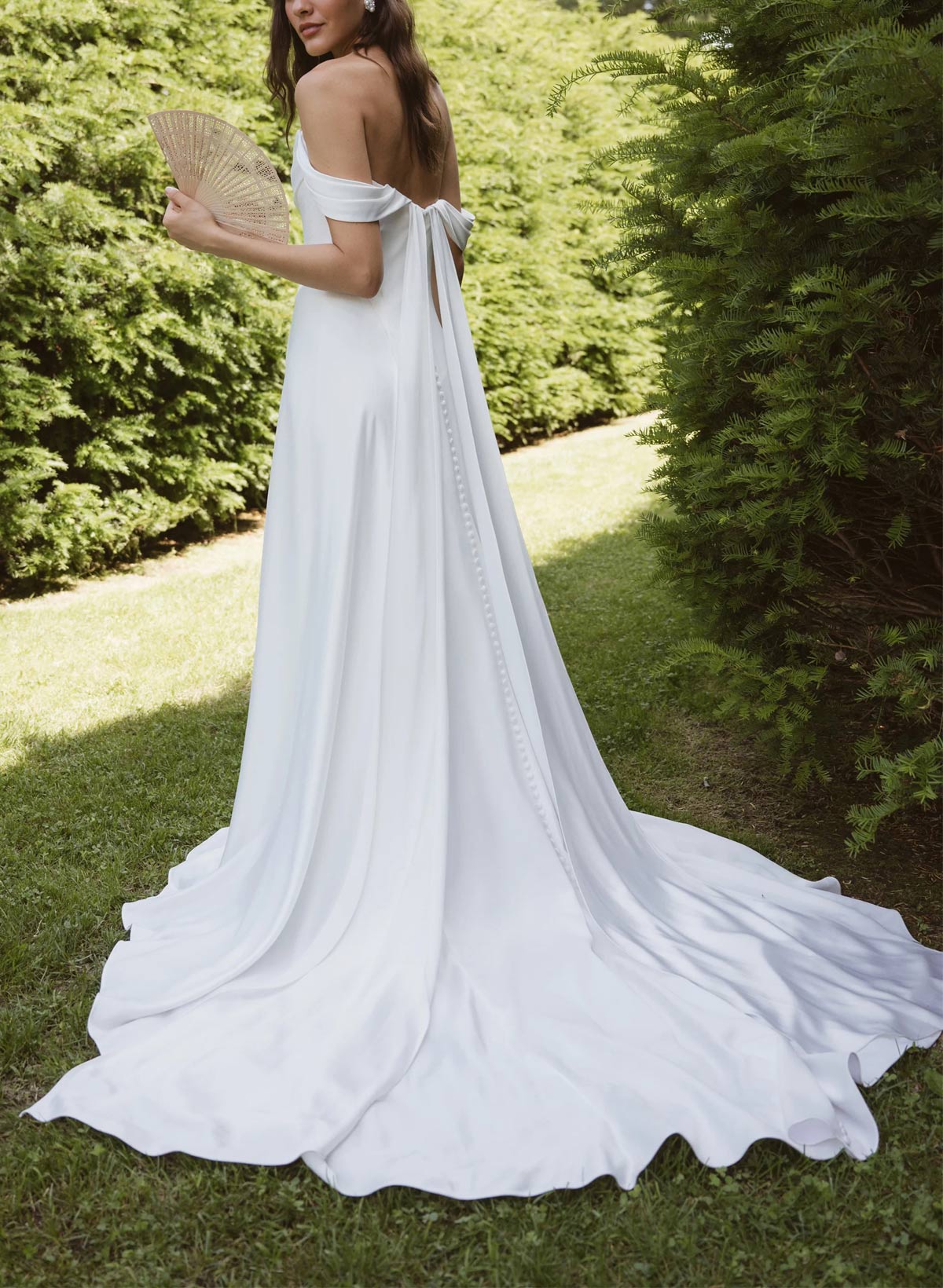 A-Line Cowl Neck Sleeveless Chapel Train Elastic Satin Bride Wedding Dress