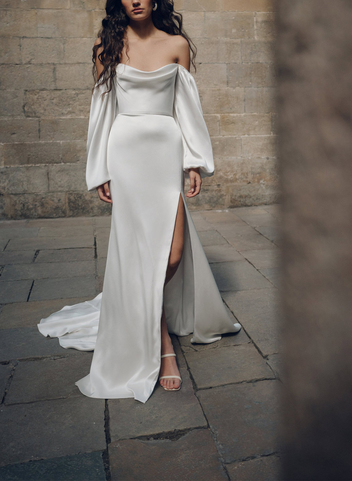 Sheath/Column Cowl Neck Long Sleeves Court Train Charmeuse With High Split Wedding Dress