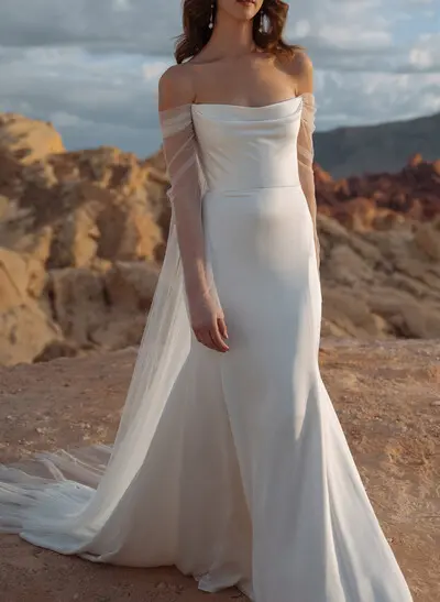 Mermaid Off-The-Shoulder Long Sleeves Court Train Crepe Satin Detachable Shawl Wedding Dress