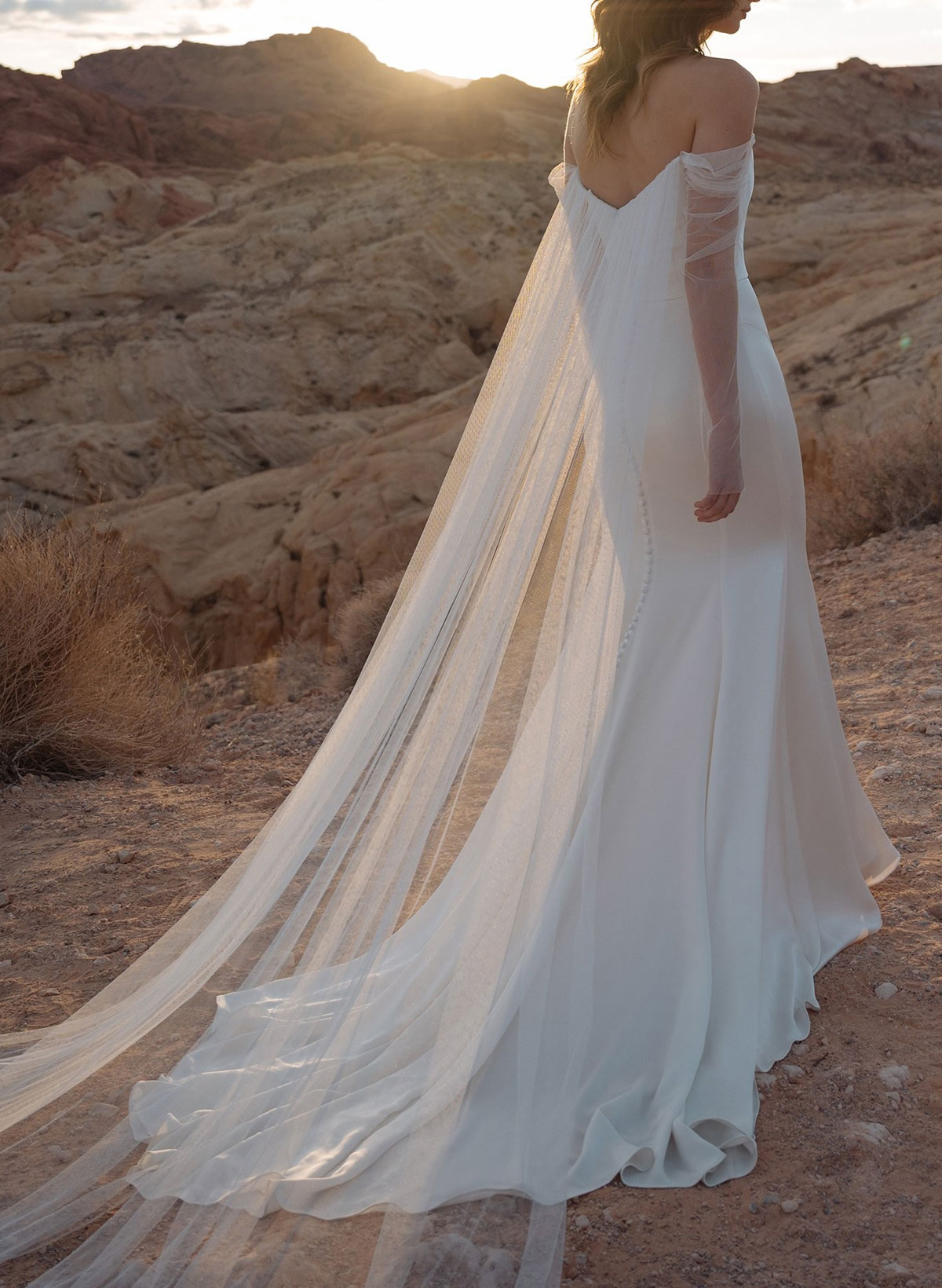 Mermaid Off-The-Shoulder Long Sleeves Court Train Crepe Satin Detachable Shawl Wedding Dress