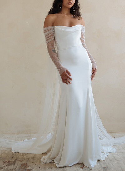 Mermaid Off-The-Shoulder Long Sleeves Court Train Crepe Satin Detachable Shawl Wedding Dress