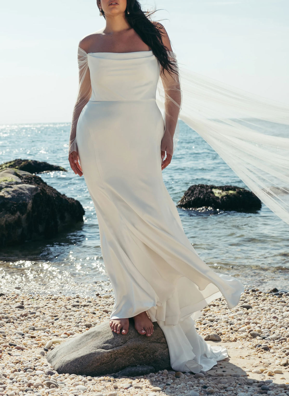 Mermaid Off-The-Shoulder Long Sleeves Court Train Crepe Satin Detachable Shawl Wedding Dress