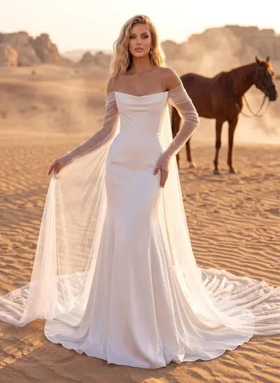 Mermaid Off-The-Shoulder Long Sleeves Court Train Crepe Satin Detachable Shawl Wedding Dress