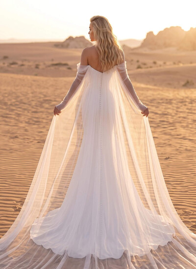 Mermaid Off-The-Shoulder Long Sleeves Court Train Crepe Satin Detachable Shawl Wedding Dress