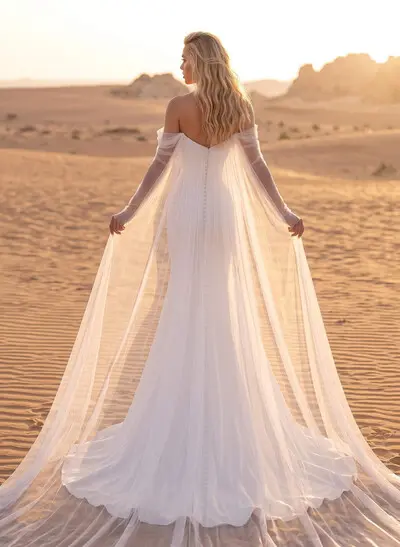 Mermaid Off-The-Shoulder Long Sleeves Court Train Crepe Satin Detachable Shawl Wedding Dress