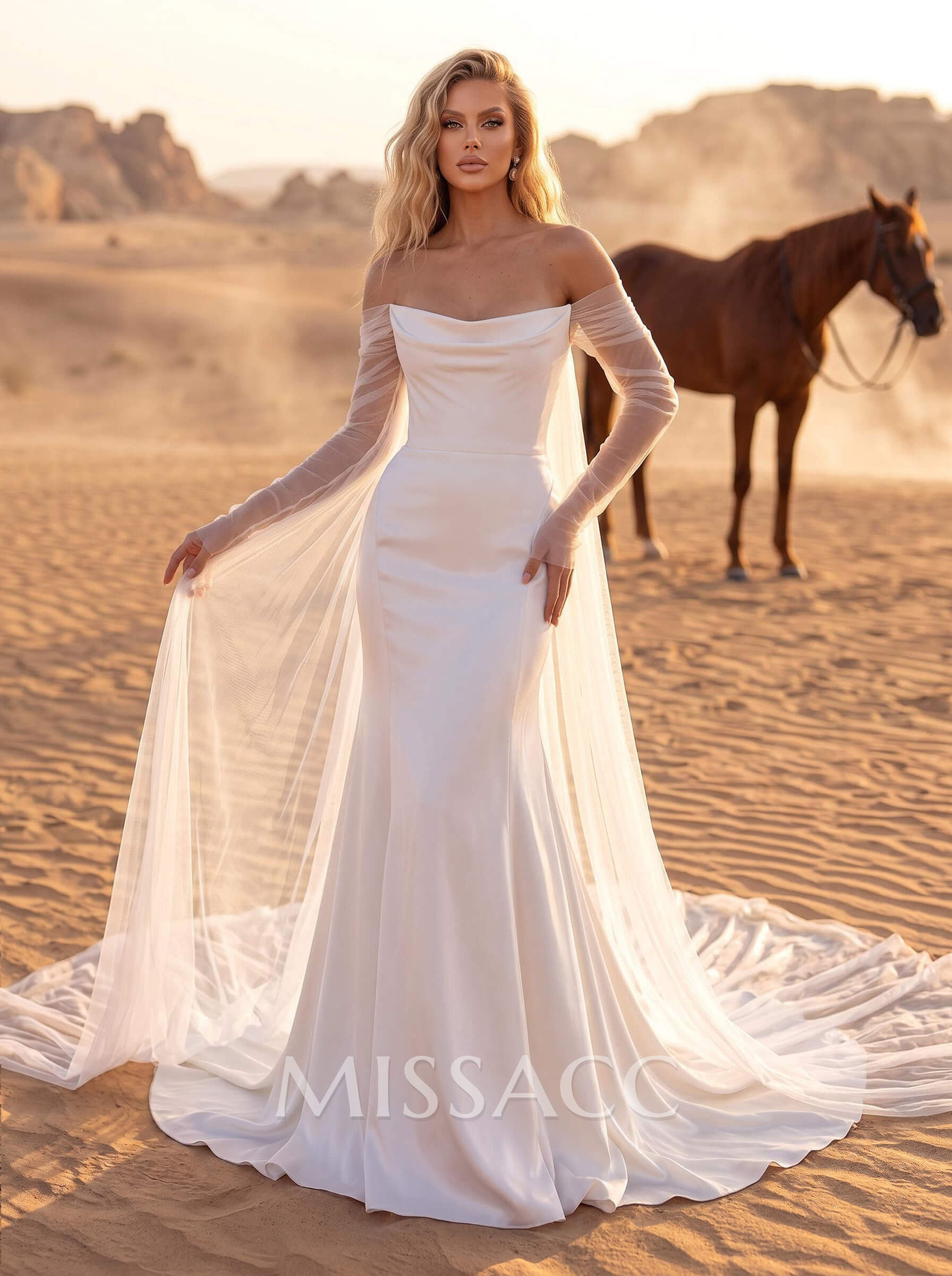 Mermaid Off-The-Shoulder Long Sleeves Court Train Crepe Satin Detachable Shawl Wedding Dress Mermaid Off-The-Shoulder Long Sleeves Court Train Crepe Satin Detachable Shawl Wedding Dress