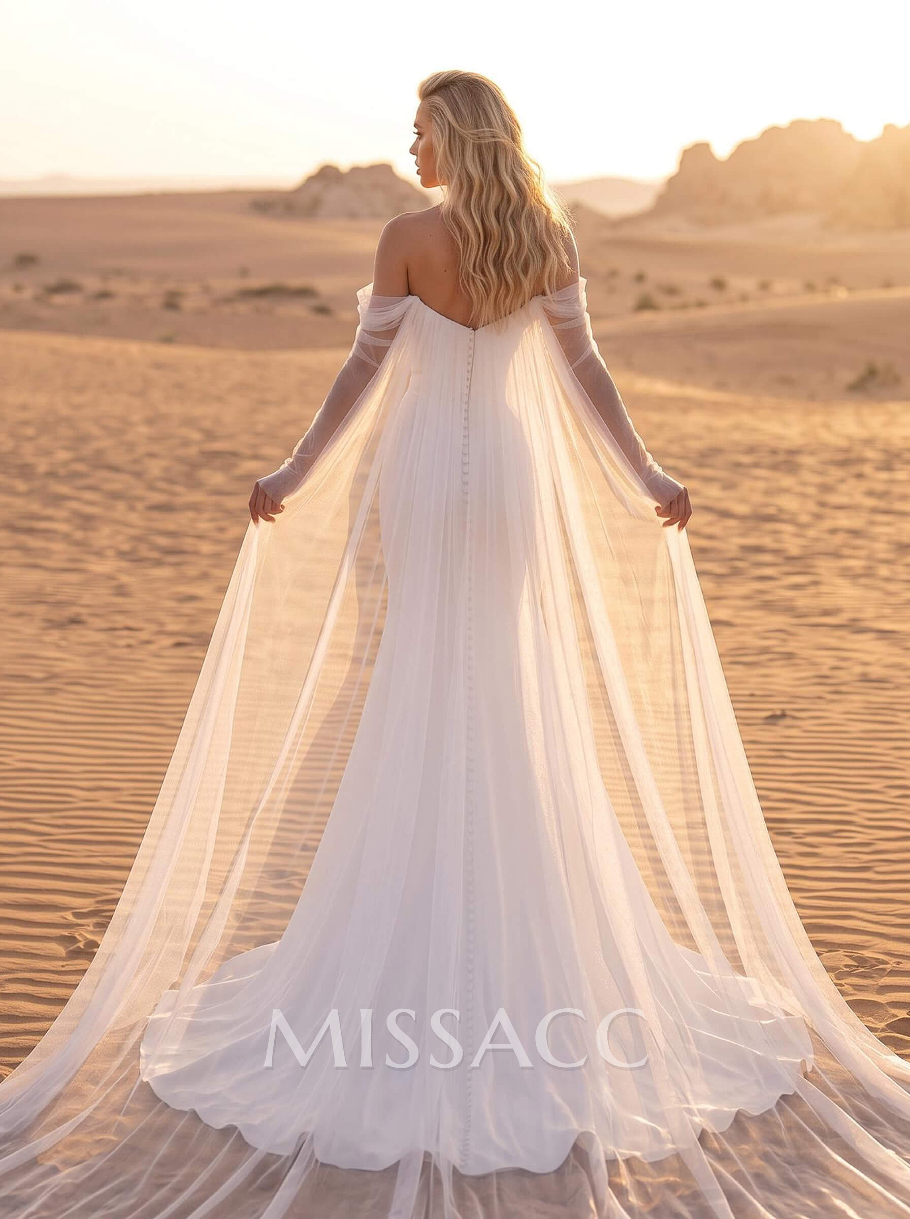 Mermaid Off-The-Shoulder Long Sleeves Court Train Crepe Satin Detachable Shawl Wedding Dress Mermaid Off-The-Shoulder Long Sleeves Court Train Crepe Satin Detachable Shawl Wedding Dress