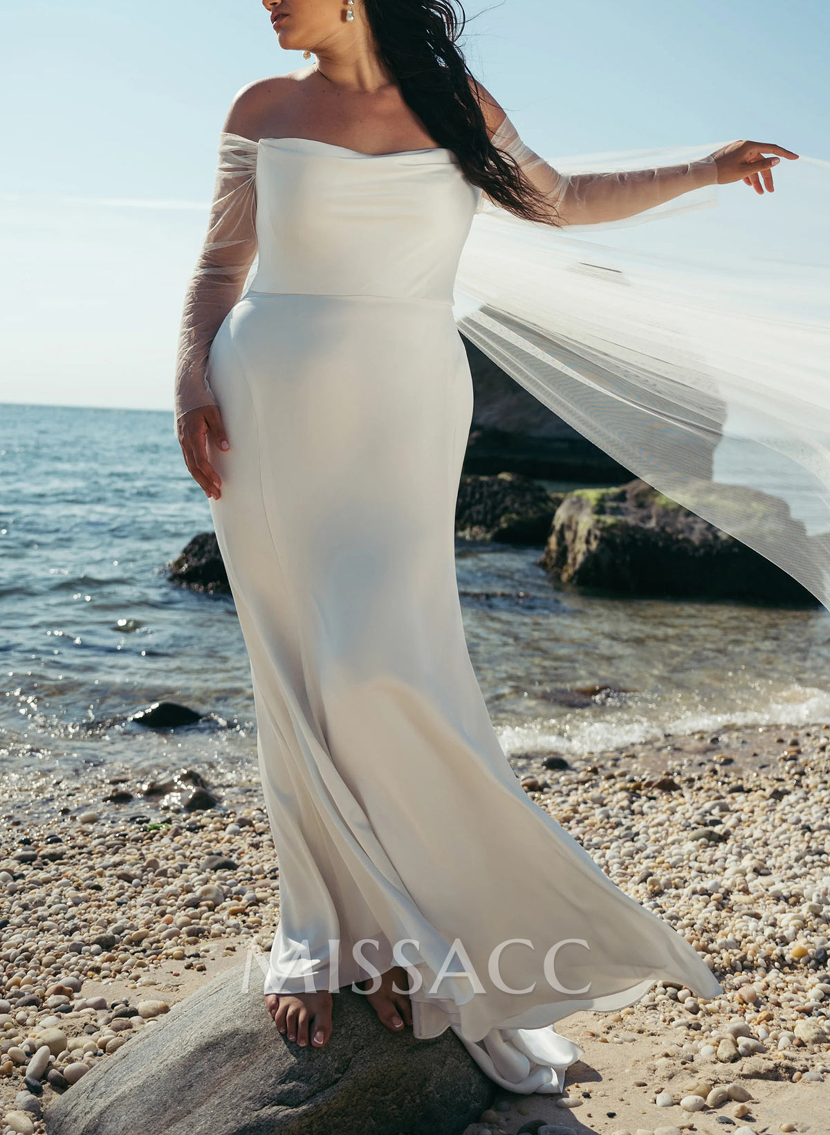 Mermaid Off-The-Shoulder Long Sleeves Court Train Crepe Satin Detachable Shawl Wedding Dress Mermaid Off-The-Shoulder Long Sleeves Court Train Crepe Satin Detachable Shawl Wedding Dress