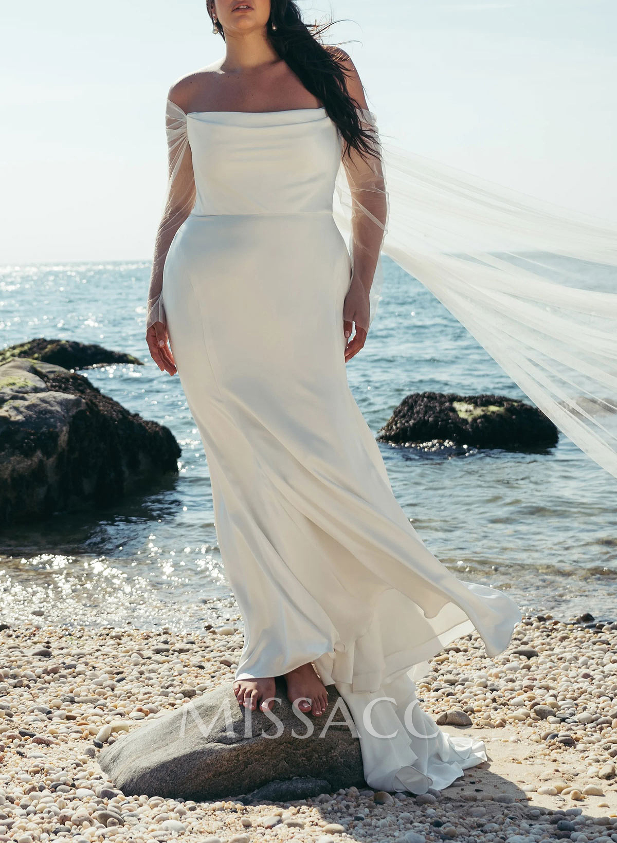 Mermaid Off-The-Shoulder Long Sleeves Court Train Crepe Satin Detachable Shawl Wedding Dress Mermaid Off-The-Shoulder Long Sleeves Court Train Crepe Satin Detachable Shawl Wedding Dress