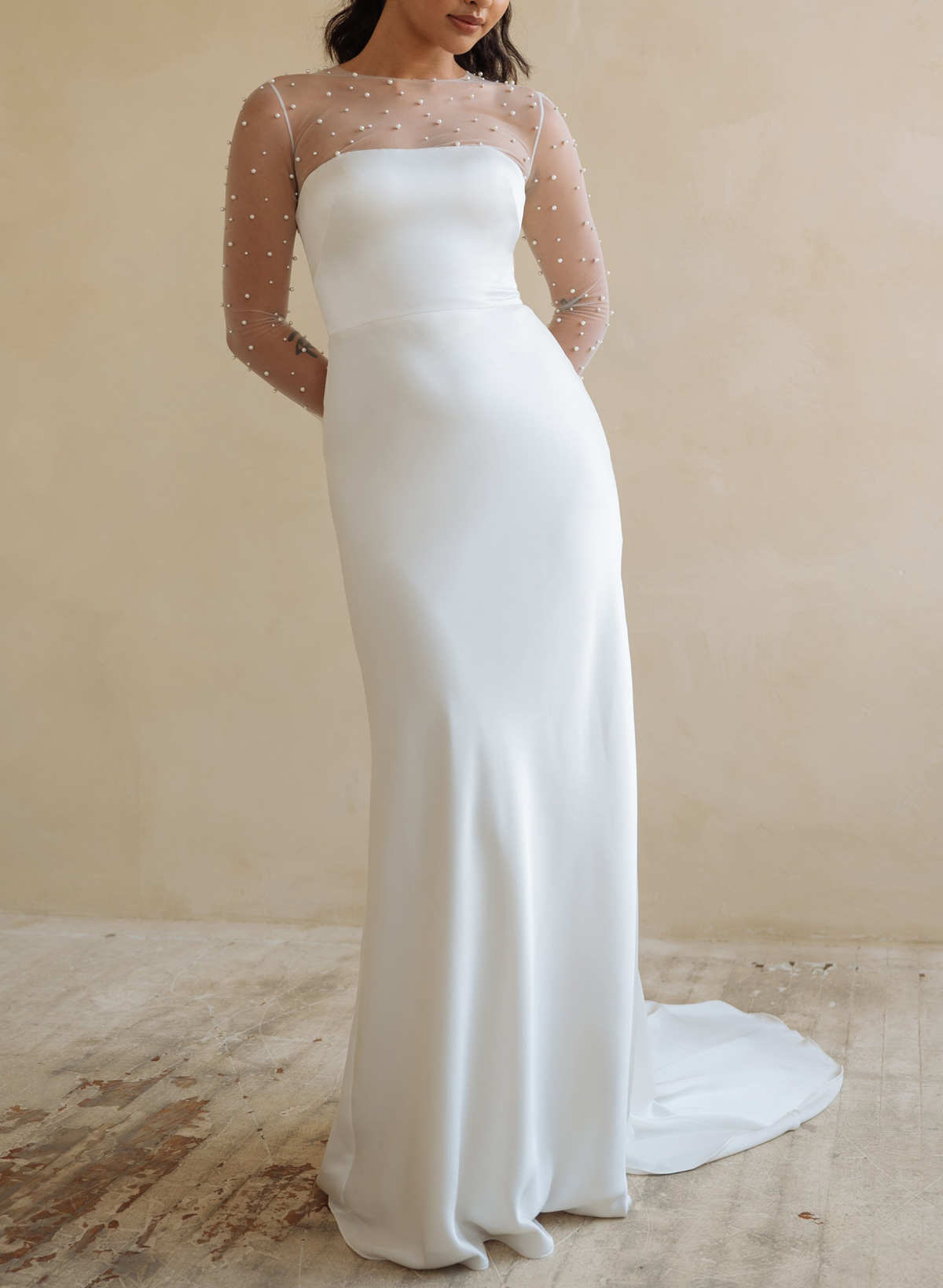 Sheath/Column Scoop Neck Long Sleeves Sweep Train Crepe Satin With Beading Wedding Dress