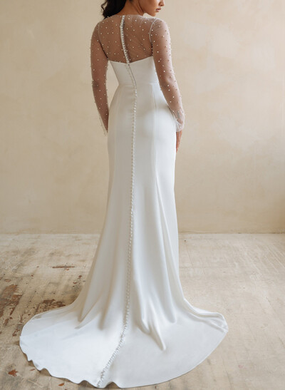 Sheath/Column Scoop Neck Long Sleeves Sweep Train Crepe Satin With Beading Wedding Dress