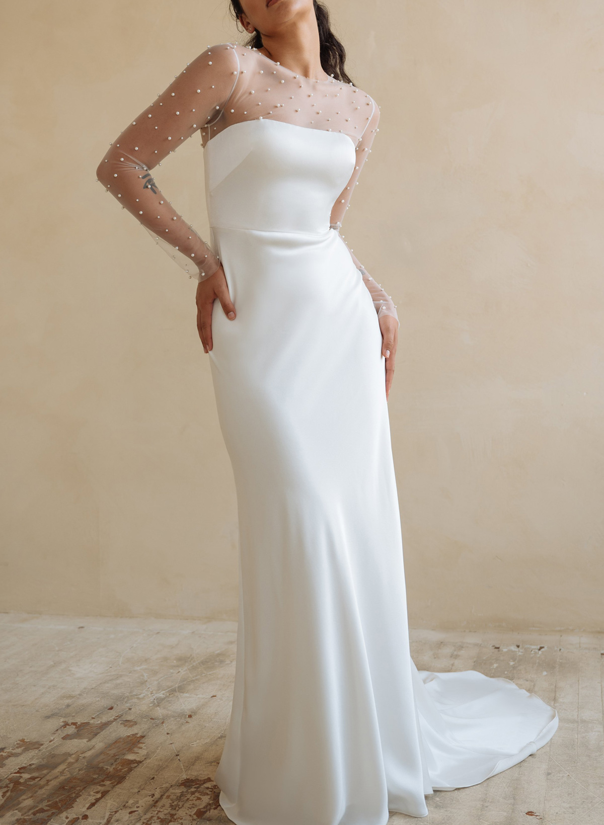 Sheath/Column Scoop Neck Long Sleeves Sweep Train Crepe Satin With Beading Wedding Dress