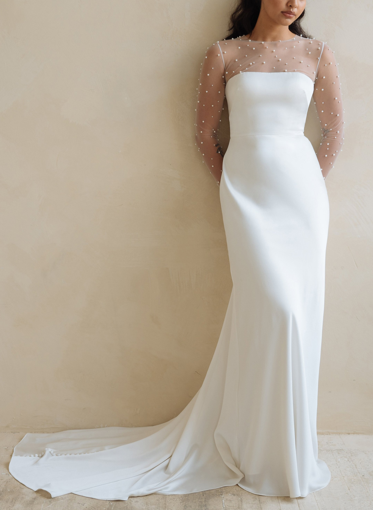 Sheath/Column Scoop Neck Long Sleeves Sweep Train Crepe Satin With Beading Wedding Dress