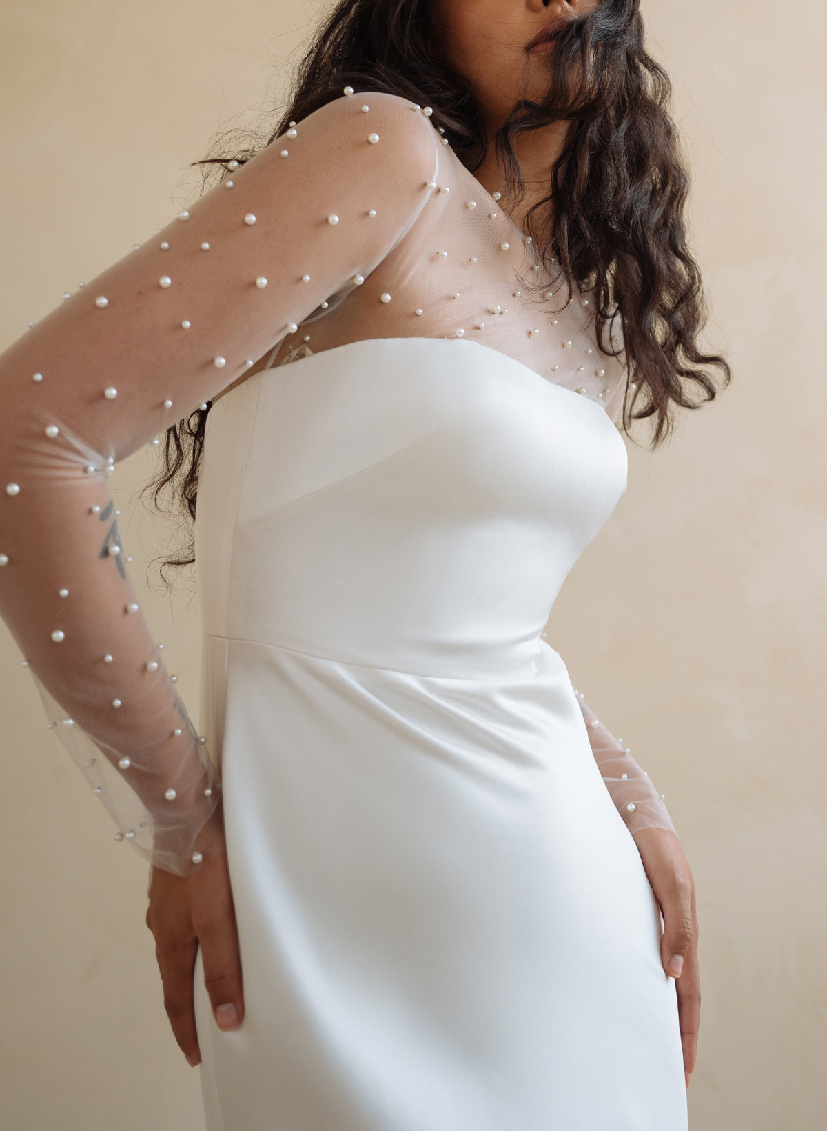 Sheath/Column Scoop Neck Long Sleeves Sweep Train Crepe Satin With Beading Wedding Dress