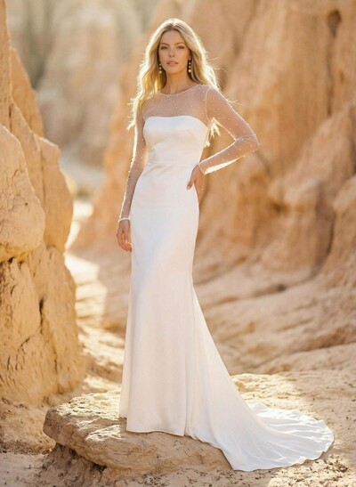 Sheath/Column Scoop Neck Long Sleeves Sweep Train Crepe Satin With Beading Wedding Dress