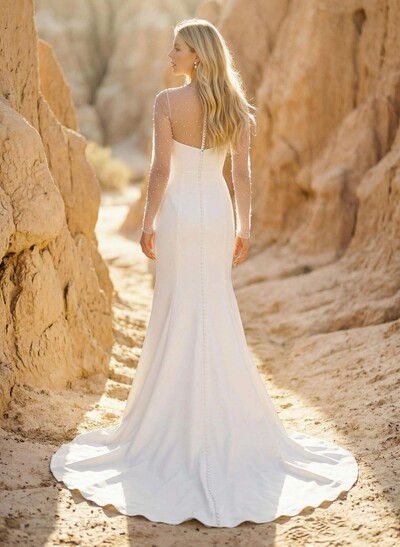 Sheath/Column Scoop Neck Long Sleeves Sweep Train Crepe Satin With Beading Wedding Dress