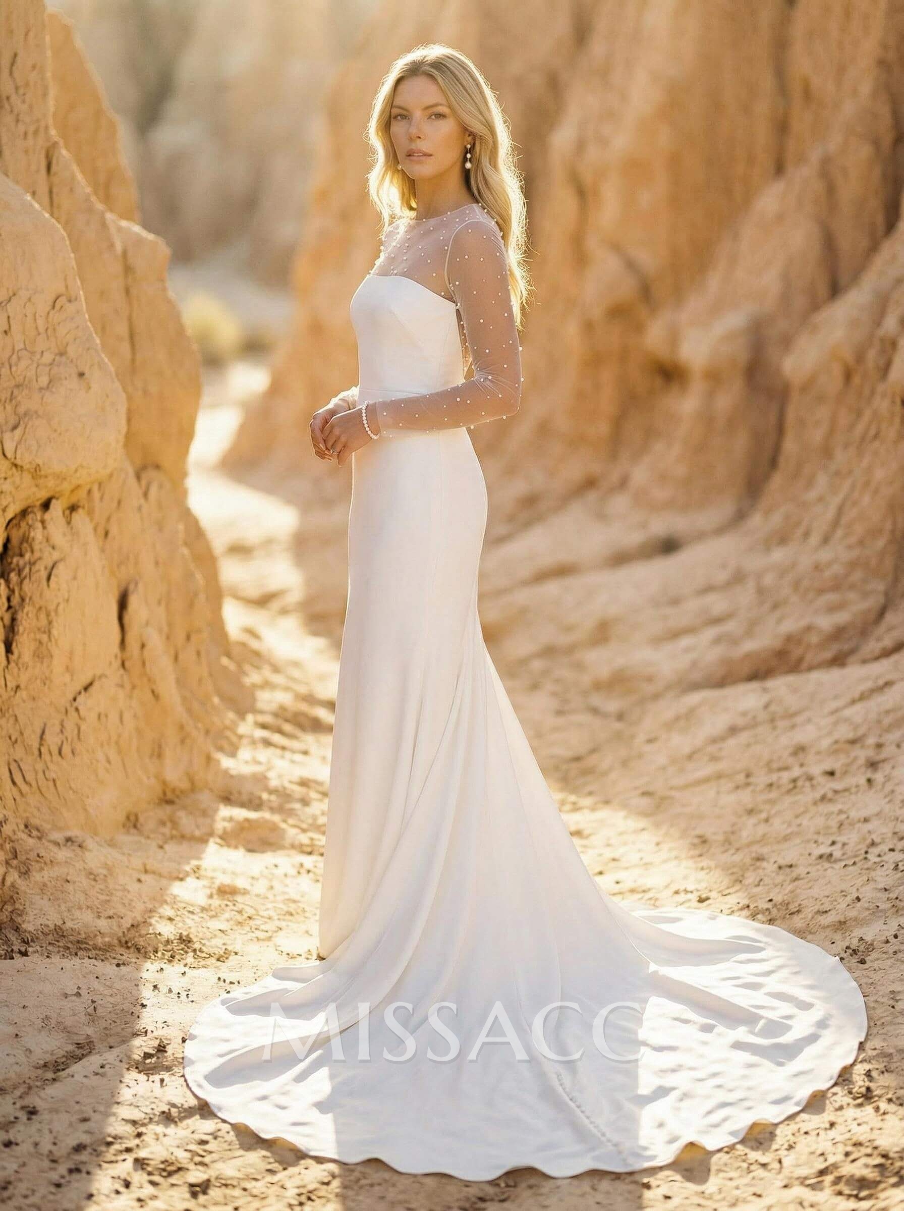 Sheath/Column Scoop Neck Long Sleeves Sweep Train Crepe Satin With Beading Wedding Dress