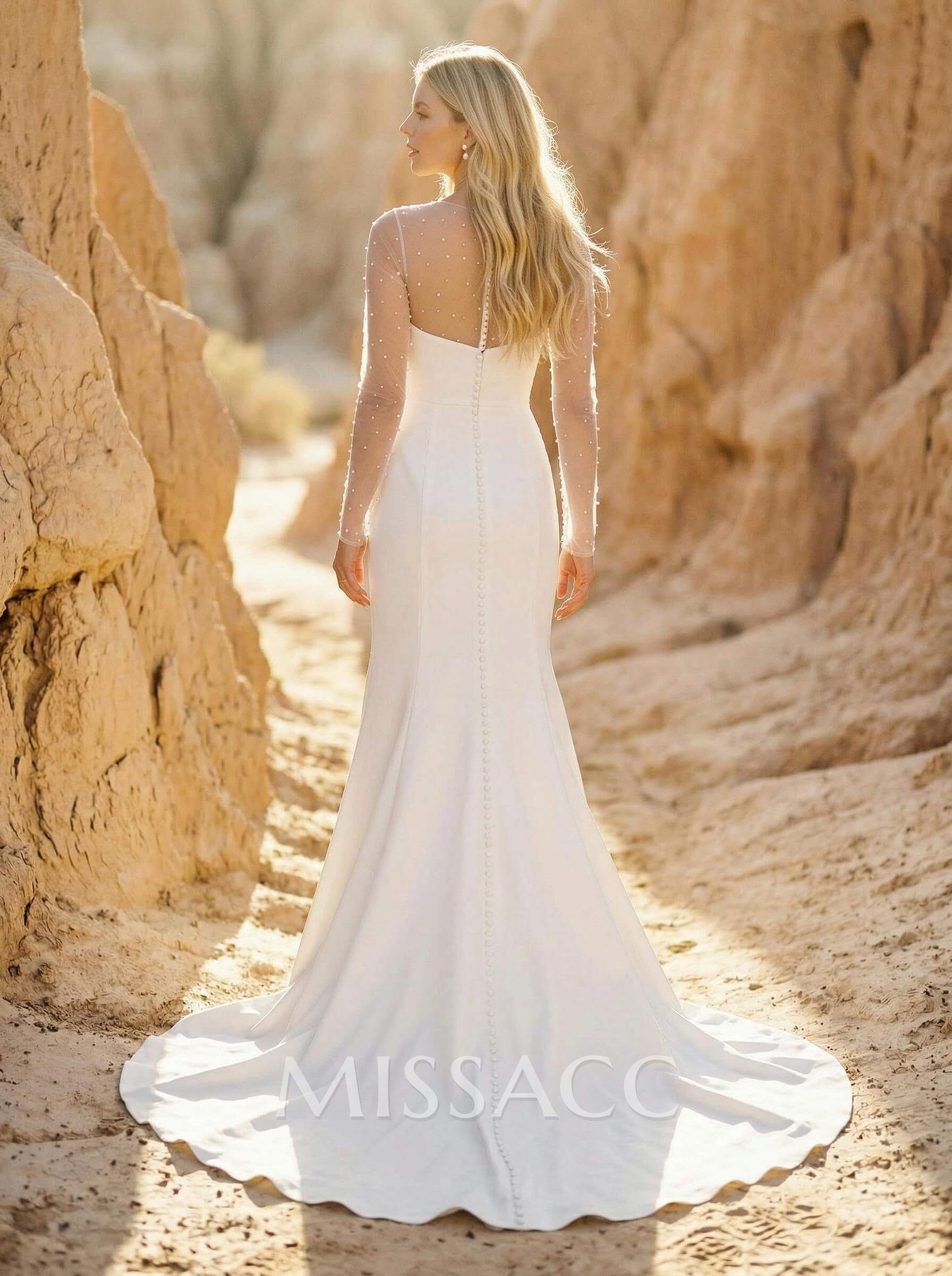 Sheath/Column Scoop Neck Long Sleeves Sweep Train Crepe Satin With Beading Wedding Dress