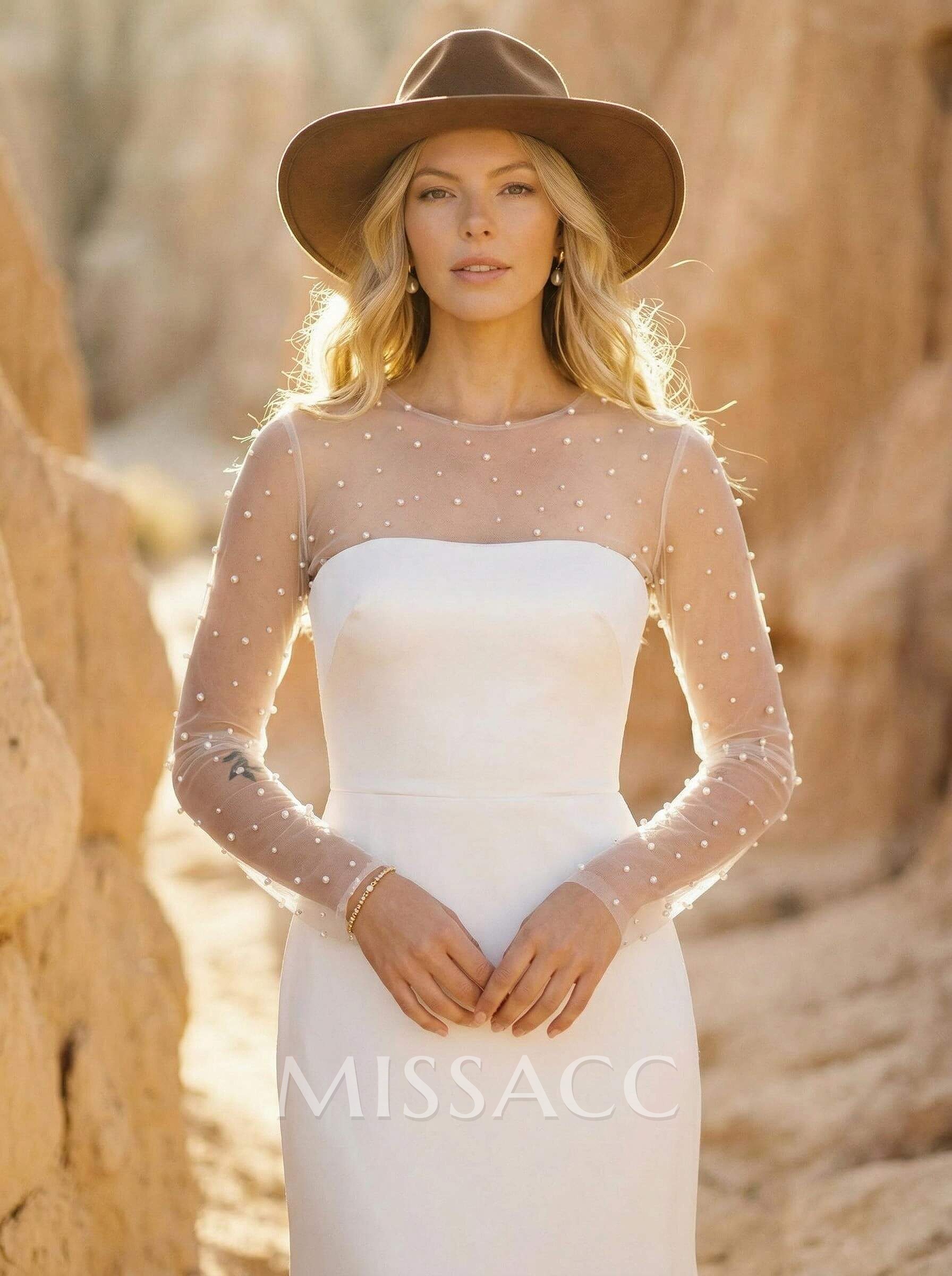 Sheath/Column Scoop Neck Long Sleeves Sweep Train Crepe Satin With Beading Wedding Dress