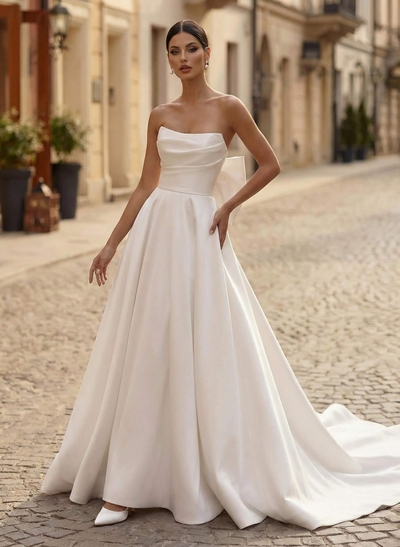 Ball-Gown Strapless Sleeveless Chapel Train Satin BRIDE With Bow Wedding Dress