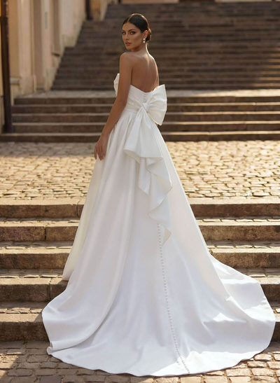 Ball-Gown Strapless Sleeveless Chapel Train Satin BRIDE With Bow Wedding Dress
