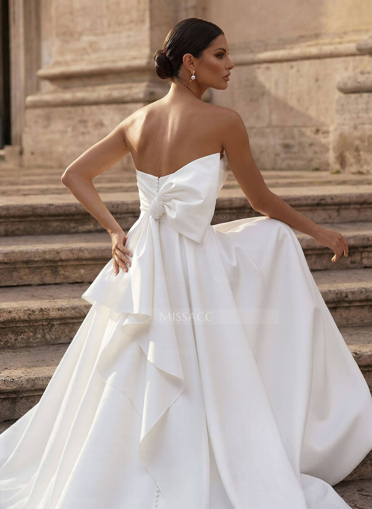 Ball-Gown Strapless Sleeveless Chapel Train Satin BRIDE With Bow Wedding Dress