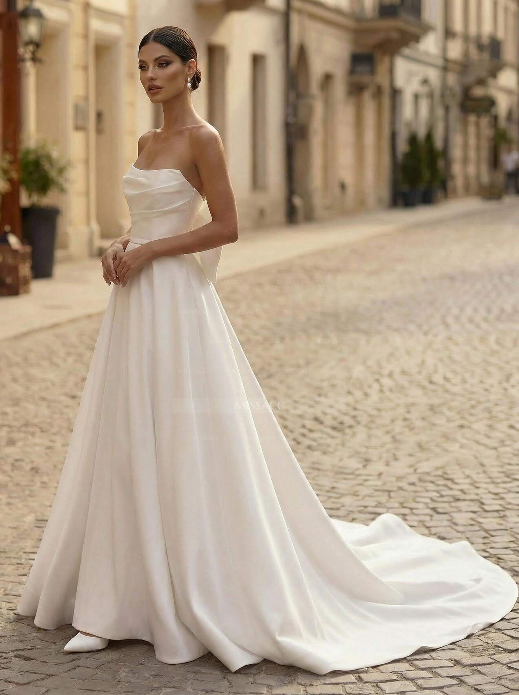 Ball-Gown Strapless Sleeveless Chapel Train Satin BRIDE With Bow Wedding Dress