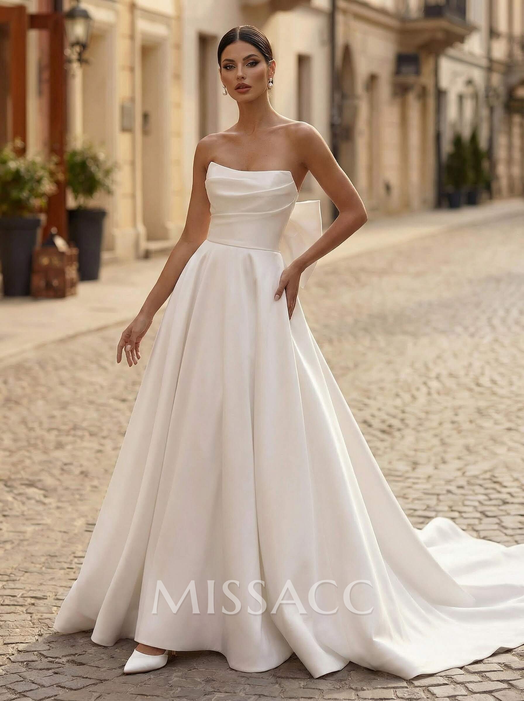 Ball-Gown Strapless Sleeveless Chapel Train Satin BRIDE With Bow Wedding Dress Ball-Gown Strapless Sleeveless Chapel Train Satin BRIDE With Bow Wedding Dress