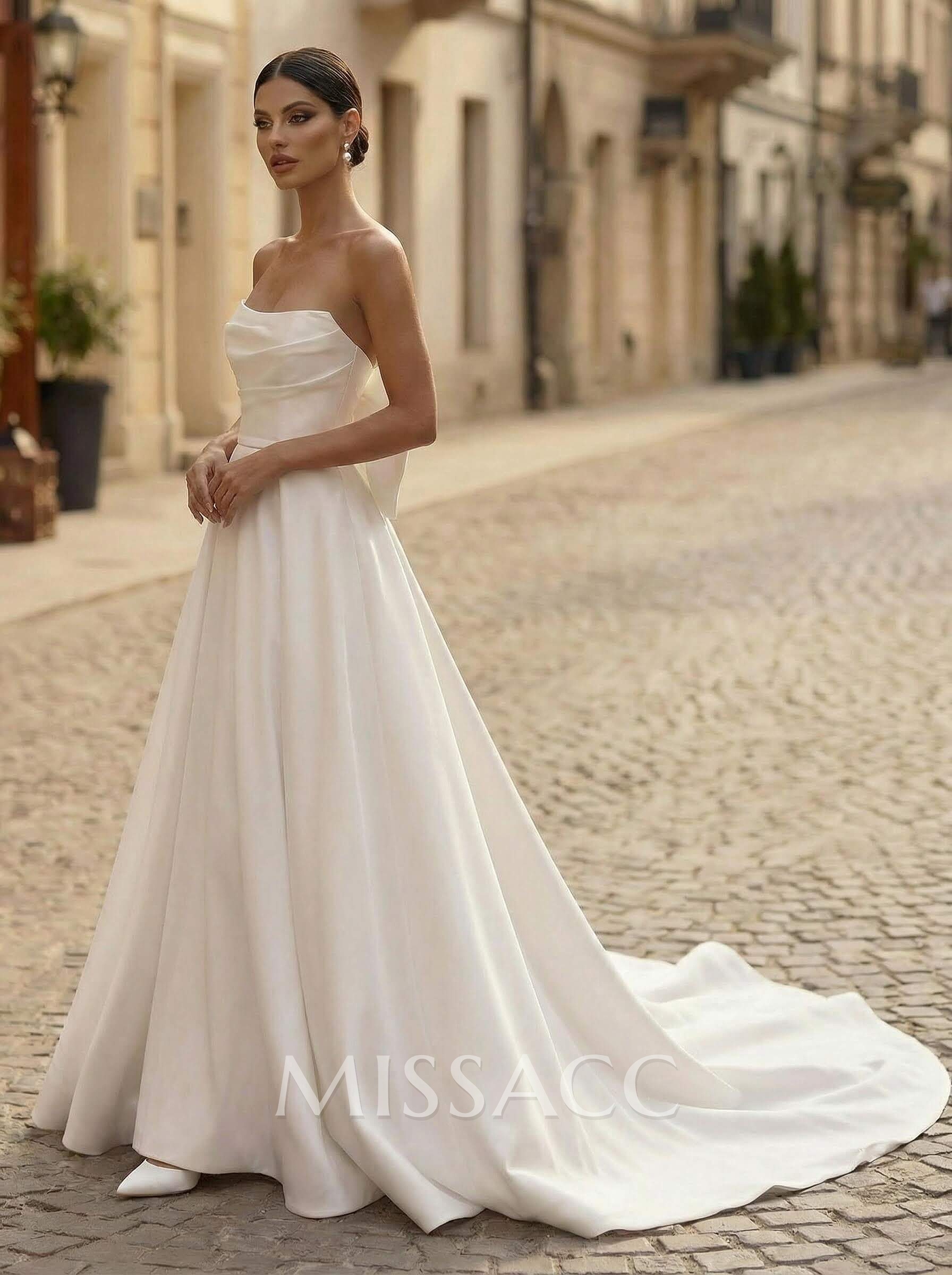 Ball-Gown Strapless Sleeveless Chapel Train Satin BRIDE With Bow Wedding Dress Ball-Gown Strapless Sleeveless Chapel Train Satin BRIDE With Bow Wedding Dress