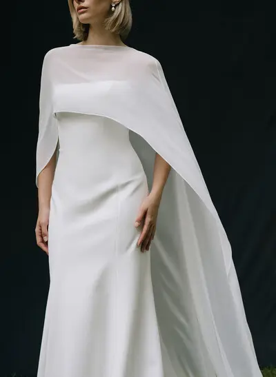 Mermaid Scoop Neck Cape Sleeves Sweep Train Chiffon/Elastic Satin Wedding Dress