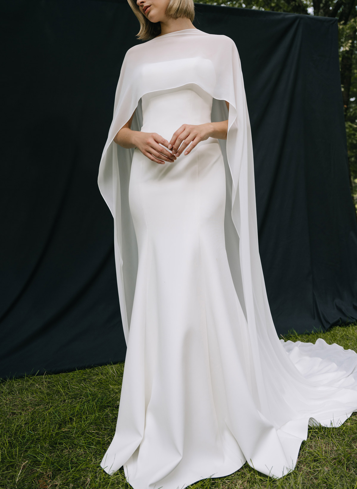 Mermaid Scoop Neck Cape Sleeves Sweep Train Chiffon/Elastic Satin Wedding Dress