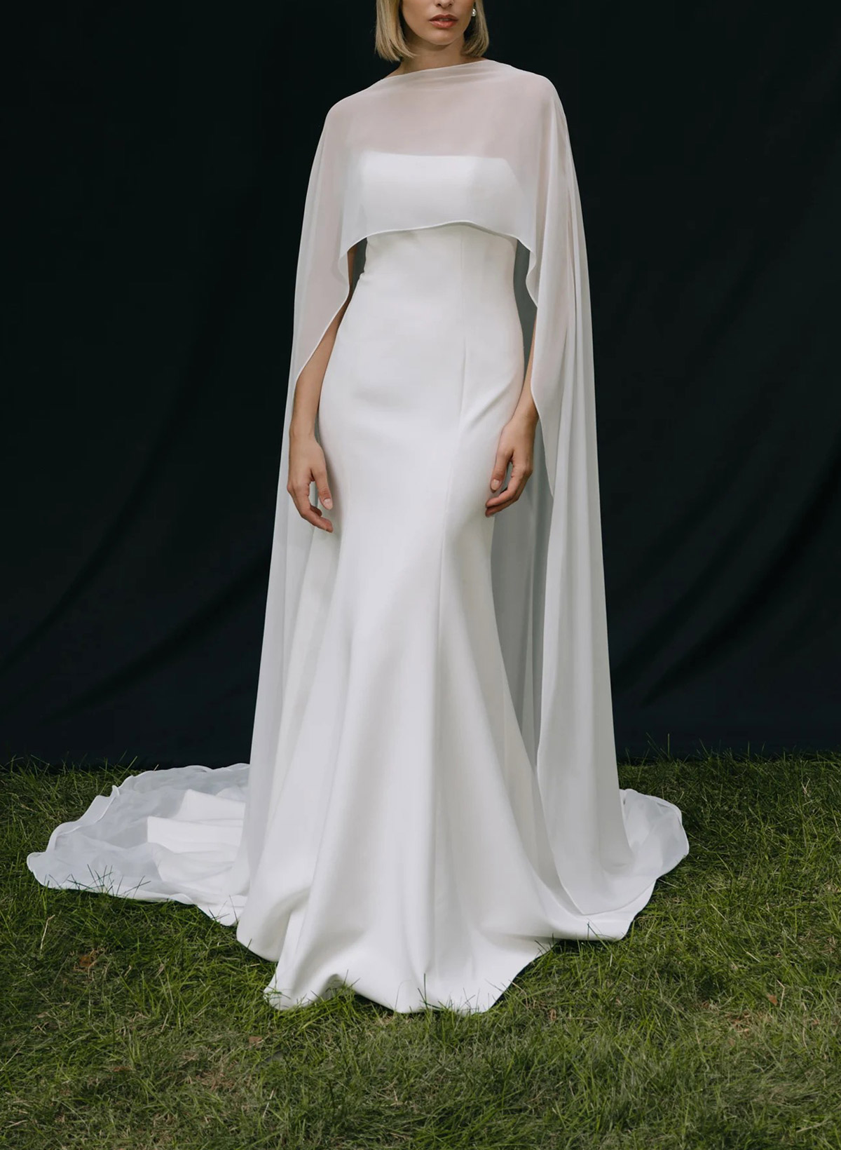 Mermaid Scoop Neck Cape Sleeves Sweep Train Chiffon/Elastic Satin Wedding Dress