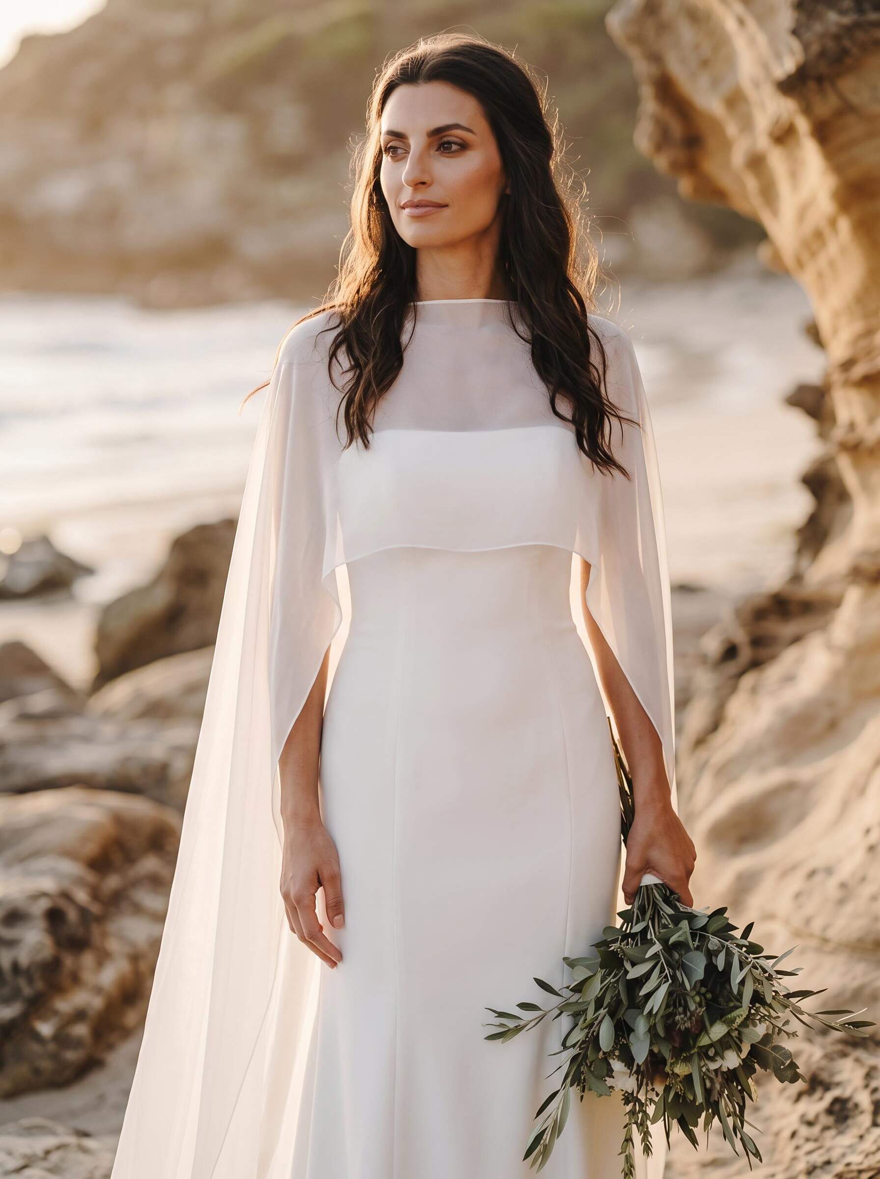 Mermaid Scoop Neck Cape Sleeves Sweep Train Chiffon/Elastic Satin Wedding Dress