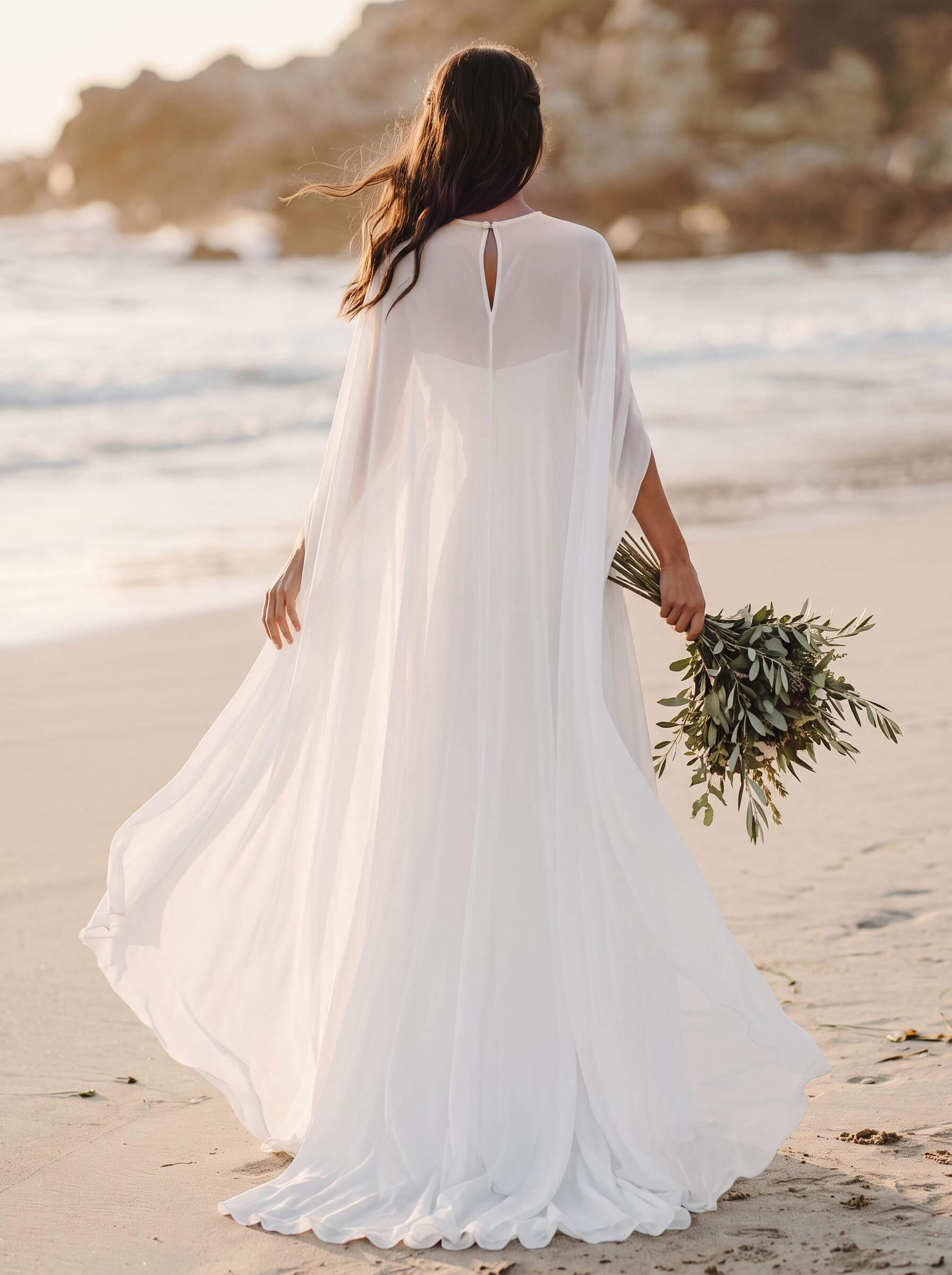 Mermaid Scoop Neck Cape Sleeves Sweep Train Chiffon/Elastic Satin Wedding Dress