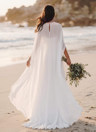 Mermaid Scoop Neck Cape Sleeves Sweep Train Chiffon/Elastic Satin Wedding Dress